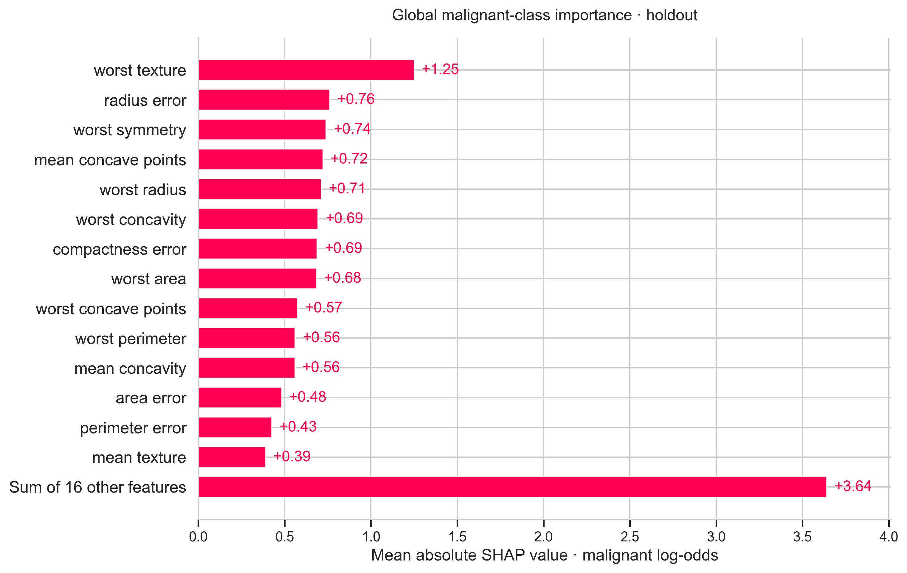 Bar chart of global malignant-class feature importance on the holdout set (mean absolute SHAP value), led by worst texture.